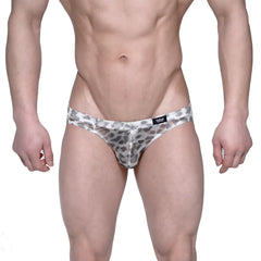 Silver and gray leopard-print metro male wear vasco hip briefs with a shiny metallic finish