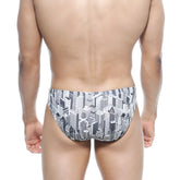 MetroMaleWear Vasco Hip Brief Metro 5103-48 black and white illustrated cityscape patterned swim trunks front view