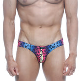 Metro male wear vasco hip brief neon 5103-05 features vibrant multicolored leopard print with pink blue yellow gradient