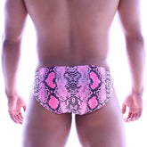 Pink snake-skin patterned swim trunks metro malewear vasco hip brief designed for stylish beachwear