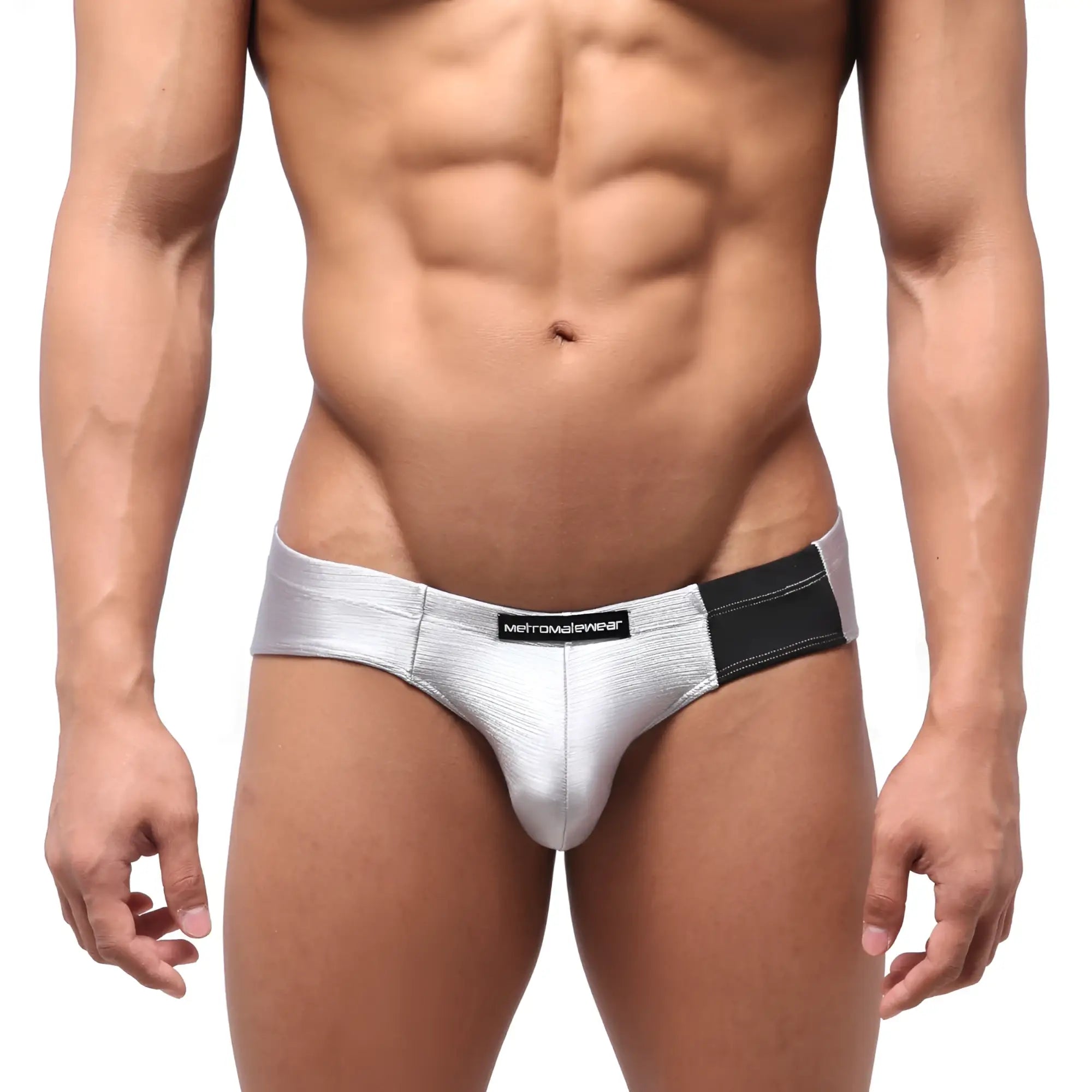 Silver metallic briefs with black elastic waistband featuring metromalewear label metro malewear vasco hip brief titanium