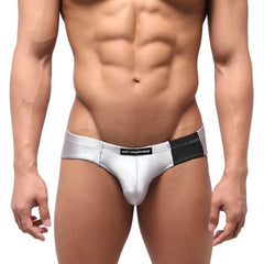 Silver metallic briefs with black elastic waistband featuring metromalewear label metro malewear vasco hip brief titanium