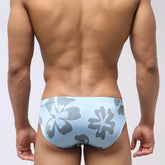 Light blue MetroMaleWear Vasco swim brief with gray and white floral pattern designed for swimming and beachwear