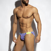 Purple floral swim trunks with a bright neon green waistband from MetroMaleWear Vendeta Bikini Jardin 2614-44