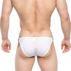 White mesh briefs with black side tabs by MetroMaleWear Verano bikini 3606-00 offering breathable comfort