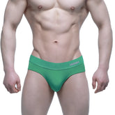 Green mens briefs metro malewear verde brief 5203-07 with textured waistband and milly branding in white lettering