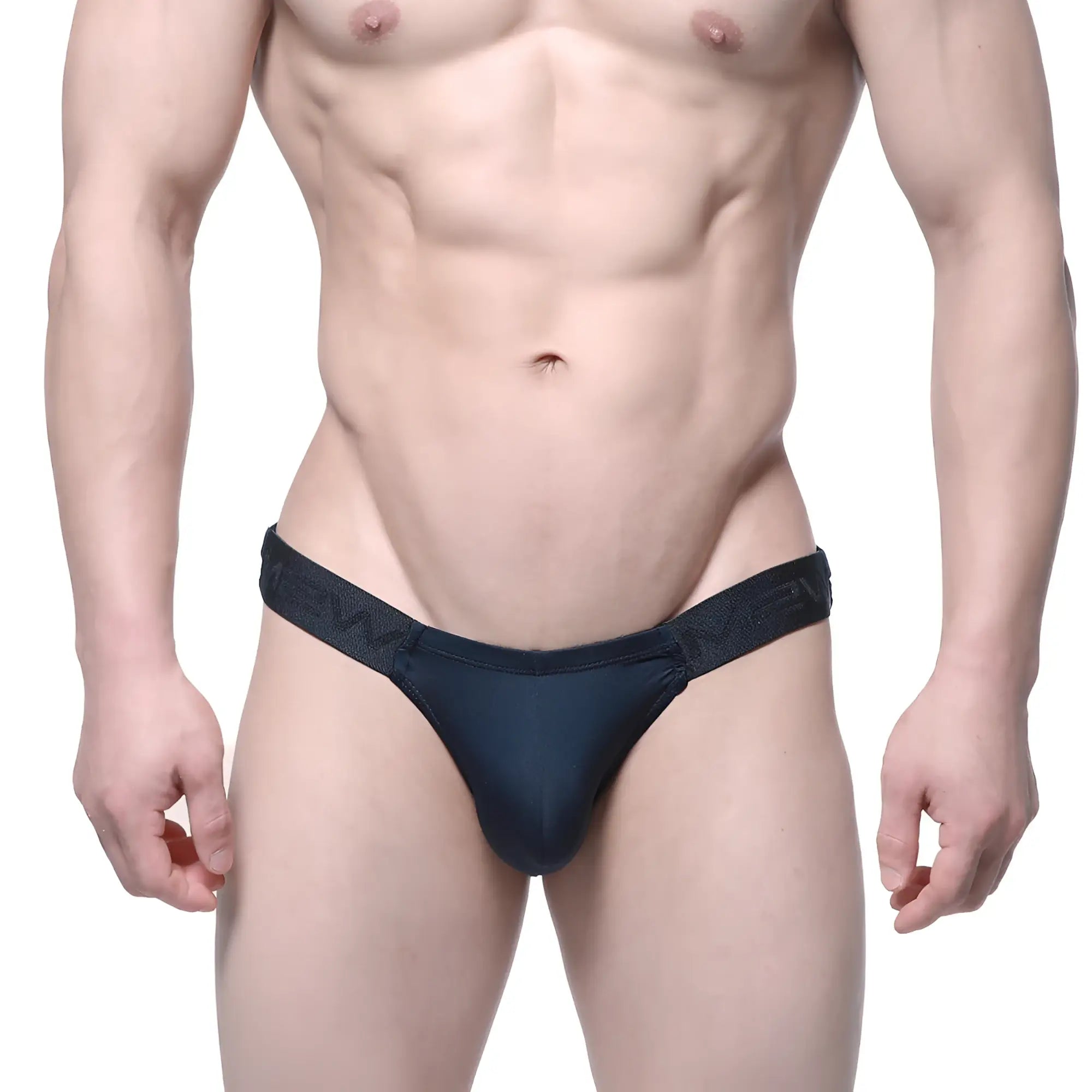 Black form-fitting thong with textured waistband by metromalewear veus bikini 3603-19 shown from the back side
