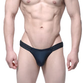 Black form-fitting thong with textured waistband by metromalewear veus bikini 3603-19 shown from the back side