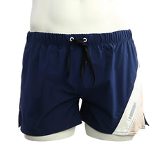 Navy blue and beige athletic swim trunks with drawstring waistband by MetroMaleWear Viena Short 4715-28