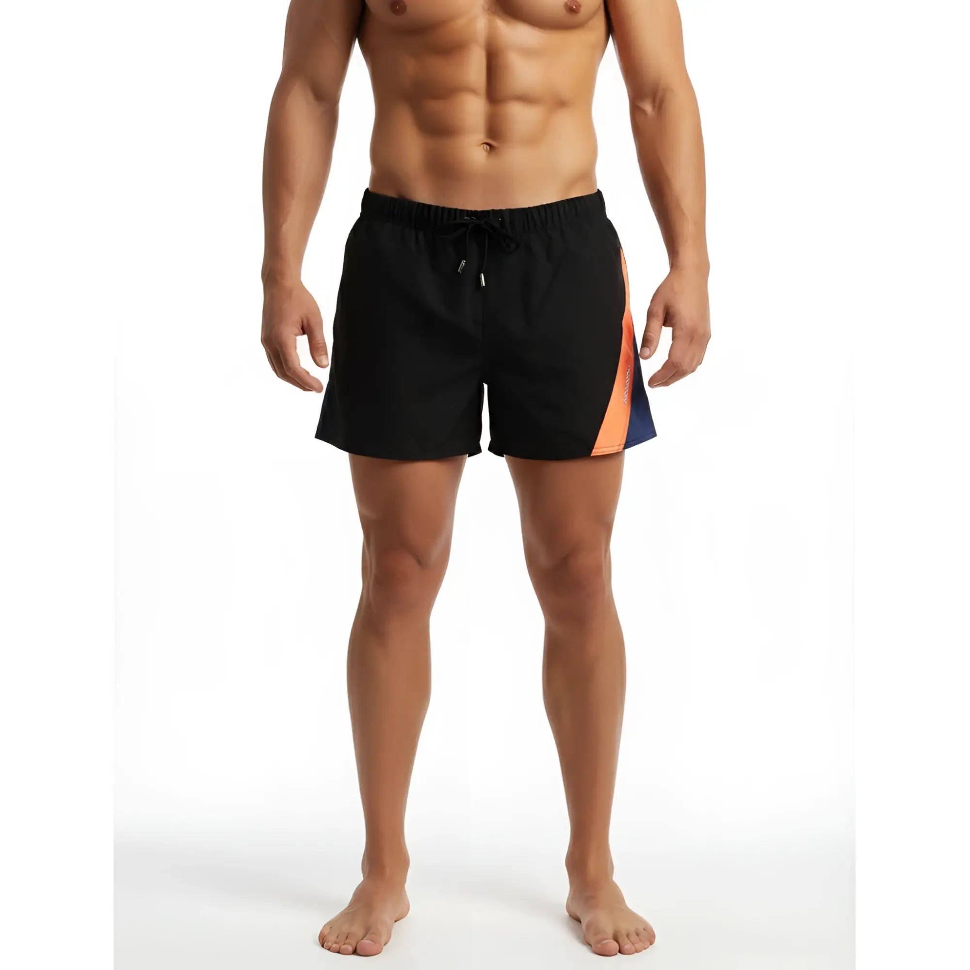 Black swim trunks metro malewear viena short orange 4715-22 with vibrant orange and blue diagonal stripe on the side