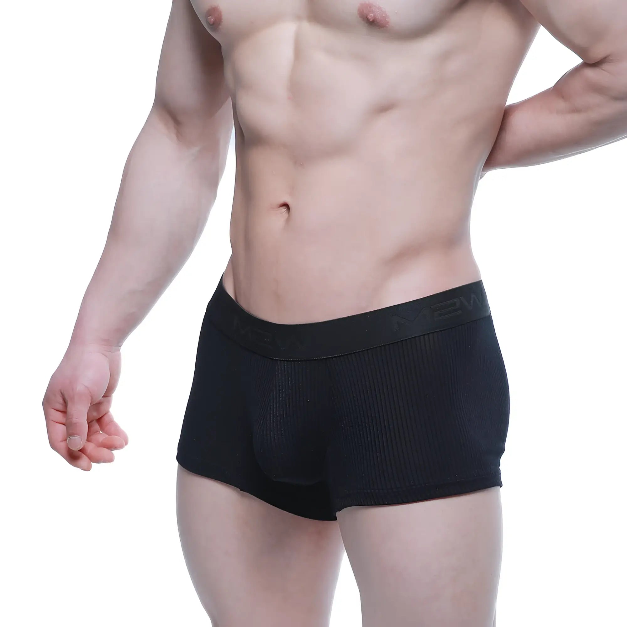 Black ribbed men’s boxer briefs with a branded waistband from MetroMaleWear Voltz boxer brief black 2122-22