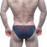 Navy blue MetroMaleWear WAHOO SHEER swim bikini with red stitching along seams and edges, style 4989-S28