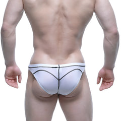 MetroMaleWear WAHOO SHEER swim bikini white mesh briefs with black zigzag stitching along the edges front view