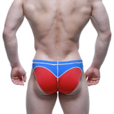 Blue and red MetroMaleWear WAHOO swim bikini briefs with white stitching details for athletic use