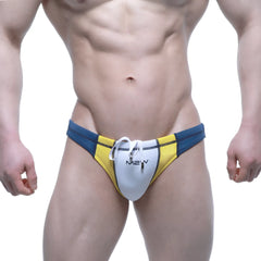 Blue and yellow striped swim trunks with a white front panel featuring the mew logo from metromalewear wahoobikini