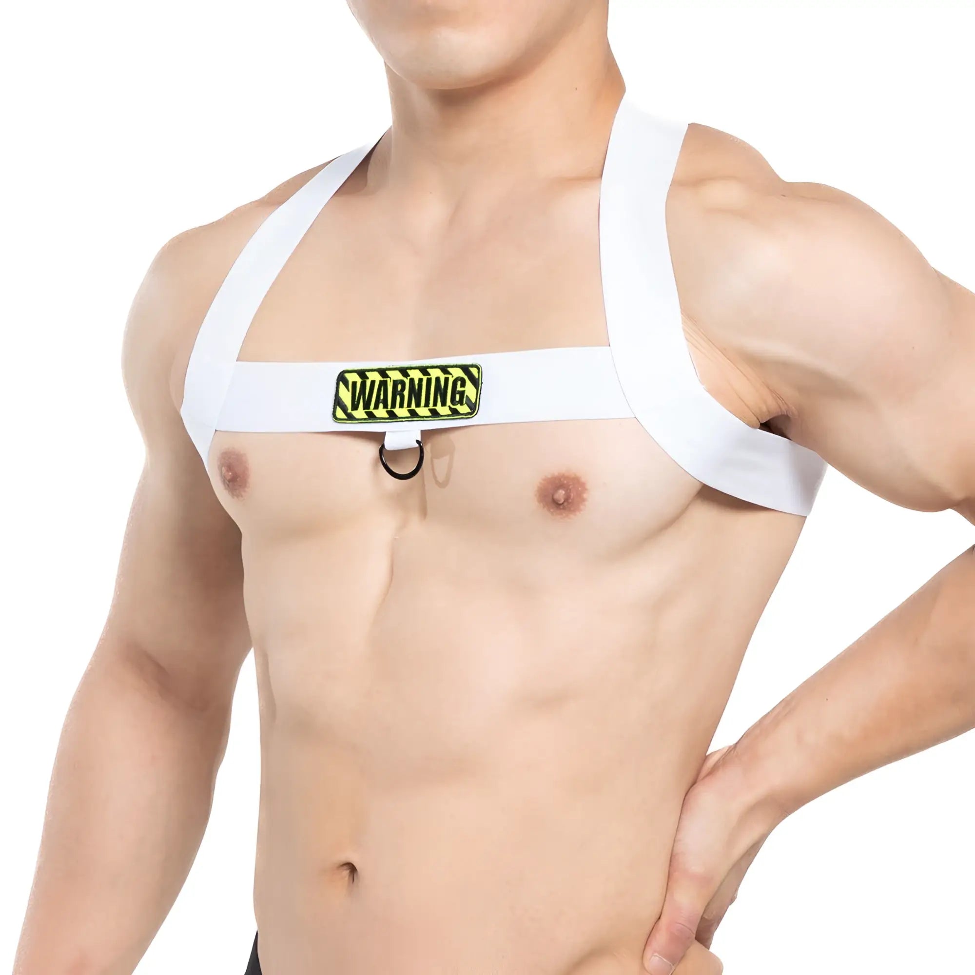 White MetroMaleWear harness with yellow and black warning patch across the chest for safety and style