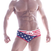Metro malewear wave swim brief patriot 4918-90 american flag-themed swim trunks with red white and blue star pattern front panel