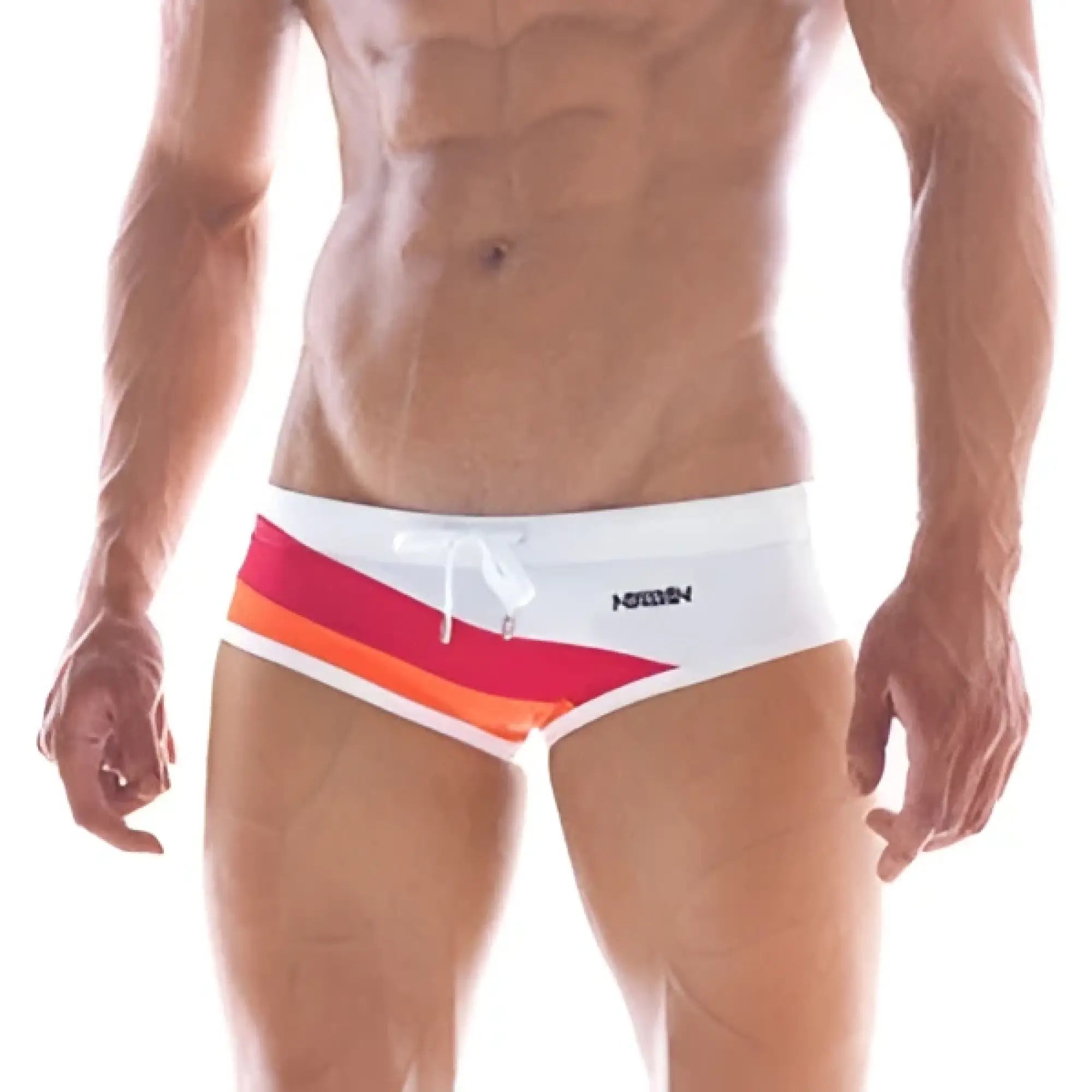 White swim trunks with vibrant red orange and yellow striped waistband band from MetroMaleWear Wave Swim Brief 4918-00