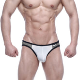 White and gray athletic briefs with black trim from metromalewear xallas bikini 5113-40 for active wear