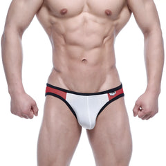 White and red MetroMaleWear Xallas bikini briefs with black trim designed for athletic use