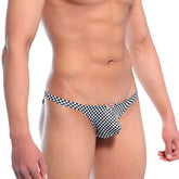 Black and white checkered men’s briefs with small red logo on waistband metroMalewear xtreme bikini mosaic 6005-40