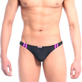 Black men’s briefs metroMaleWear Xtreme bikini pink 6005-01 with vibrant purple striped waistband and red white brand tag