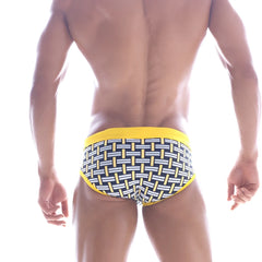 MetroMaleWear yellow colander swim brief 4916-31 swim trunks with black patterned woven design for men’s beachwear