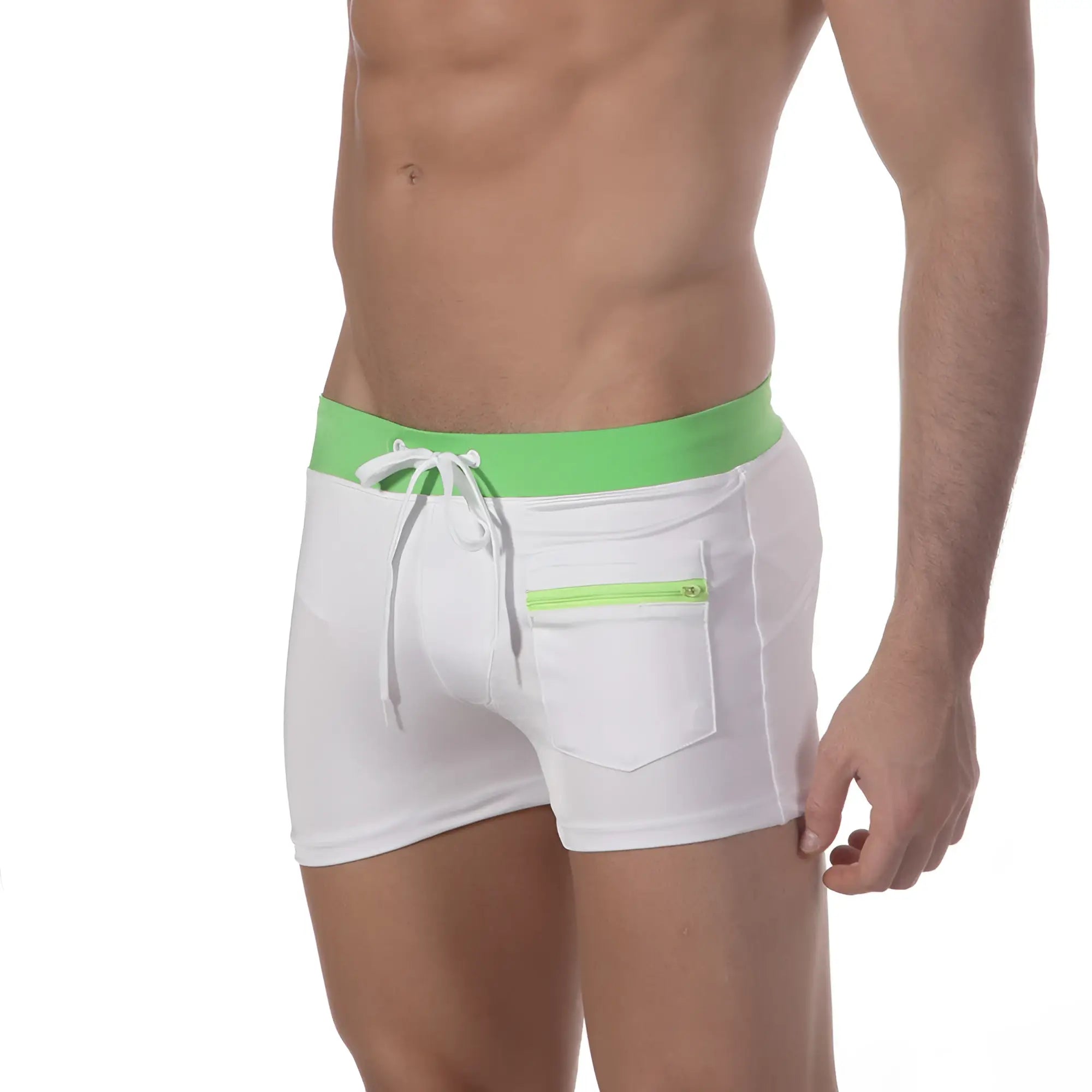 White swim trunks with bright green waistband and matching zipper pocket by metromalewear for swimming and beachwear