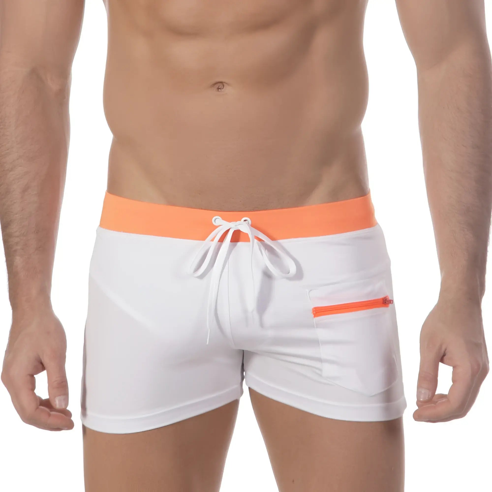White swim trunks with a bright orange waistband and zipper pocket featuring white drawstrings from MetroMaleWear