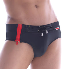 Black swim trunks metro malewear zipup swim brief red 4940-12 with bold red side zipper and silver drawstring ties