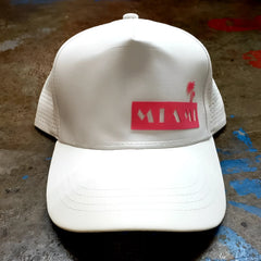 White trucker baseball cap with red miami patch and palm tree silhouette perfect for casual wear
