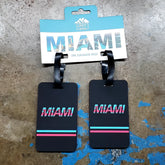 Black rectangular luggage tags set of 2 with retro pink and cyan miami lettering and matching horizontal stripes