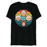 Black short-sleeved t-shirt with a circular golden girls graphic on a rainbow gradient background titled Miami Sunset