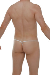 White thong micro g-string with a thin seamless lace design showing the back side of the product