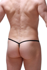 Black micro g-string mesh thong with a thin sleek design showing the back side of the lingerie
