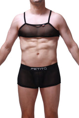 Black sheer mesh bra and matching briefs with petitq branded waistband from micro tank net black collection