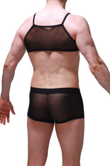 Black sheer mesh micro tank net two-piece underwear set with black elastic trim showing front side