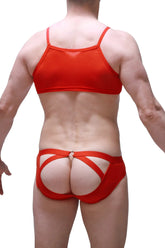 Red mesh micro tank net briefs with crisscross back straps showing the back side of the product