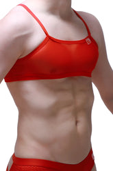 Red mesh sports bra micro tank net red with thin straps and small logo on upper right side