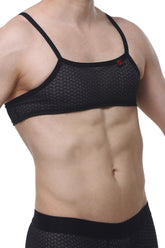 PetitQ micro tank macra black sports bra with thin straps mesh material and small red logo on the upper right side