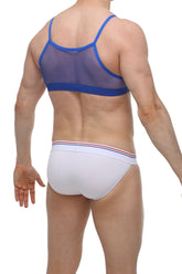 Blue mesh bra with solid trim paired with white briefs with red white and blue striped waistband in petitq micro tank top mesh blue set