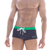 Black MIIW emerald square cut swim trunks with vibrant green waistband and white drawstring size M