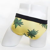 Yellow miiw floral beach bikini swimwear swim trunks with green cannabis leaf prints and black waistband size s