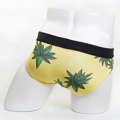 Yellow miiw floral beach bikini swimwear swim trunks with green cannabis leaf prints and black waistband size s
