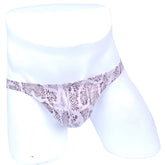 MIIW posingwear snake skin bikini underwear in light gray and black snakeskin pattern on white mannequin size XL