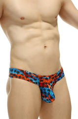 Mini boxer cheek temae men’s thong with vibrant orange and blue tropical palm tree pattern for beachwear