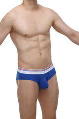Blue men’s mini boxer cheeky briefs in modal fabric with white waistband and thin red and blue stripes