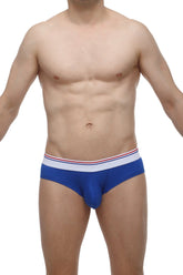 Blue men’s mini boxer cheeky briefs in modal fabric with white waistband accented by thin red and blue stripes
