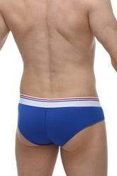 Mini boxer cheeky modal blue briefs in blue with a white waistband featuring red and blue stripes