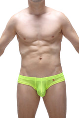 Mini boxer cheeky net neon yellow bright neon green transparent mesh briefs with small red logo on waistband